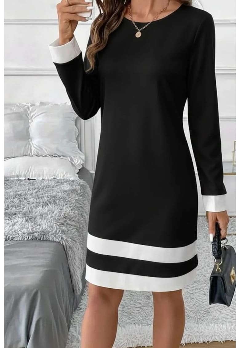 Rochie midi - model cu dungi - textil - Negru