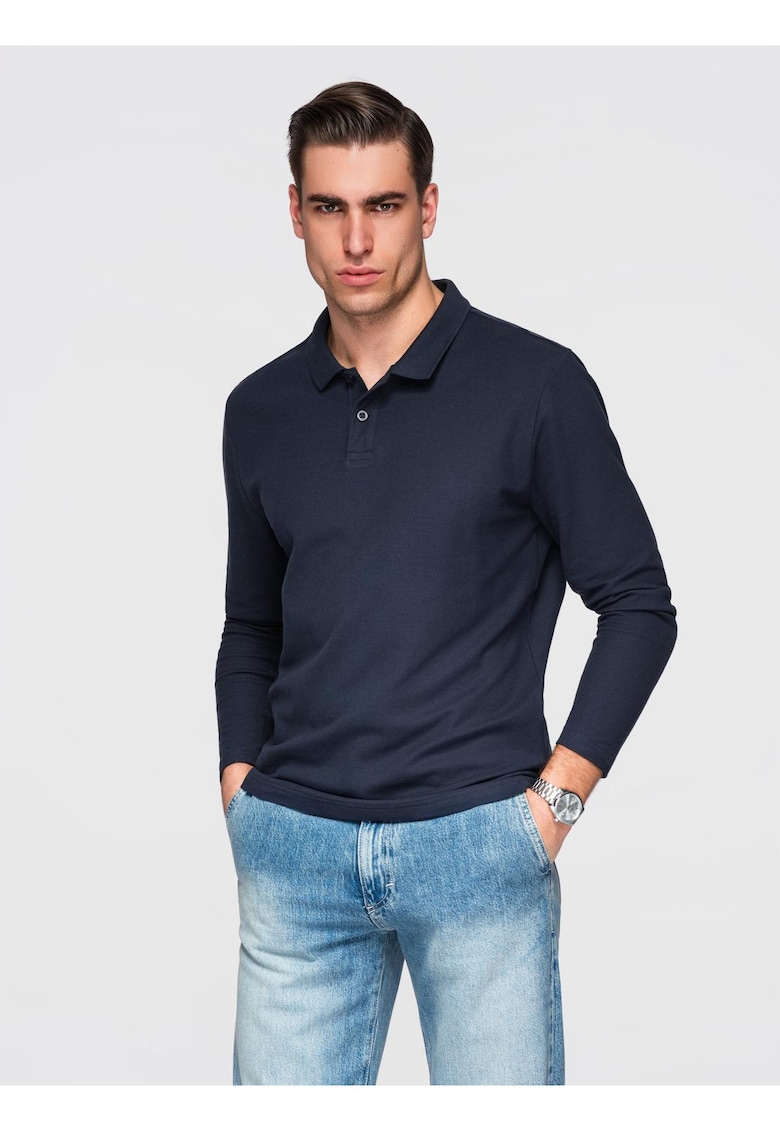 Bluza longsleeve cu guler polo OM-POBL-0162 - Albastru inchis