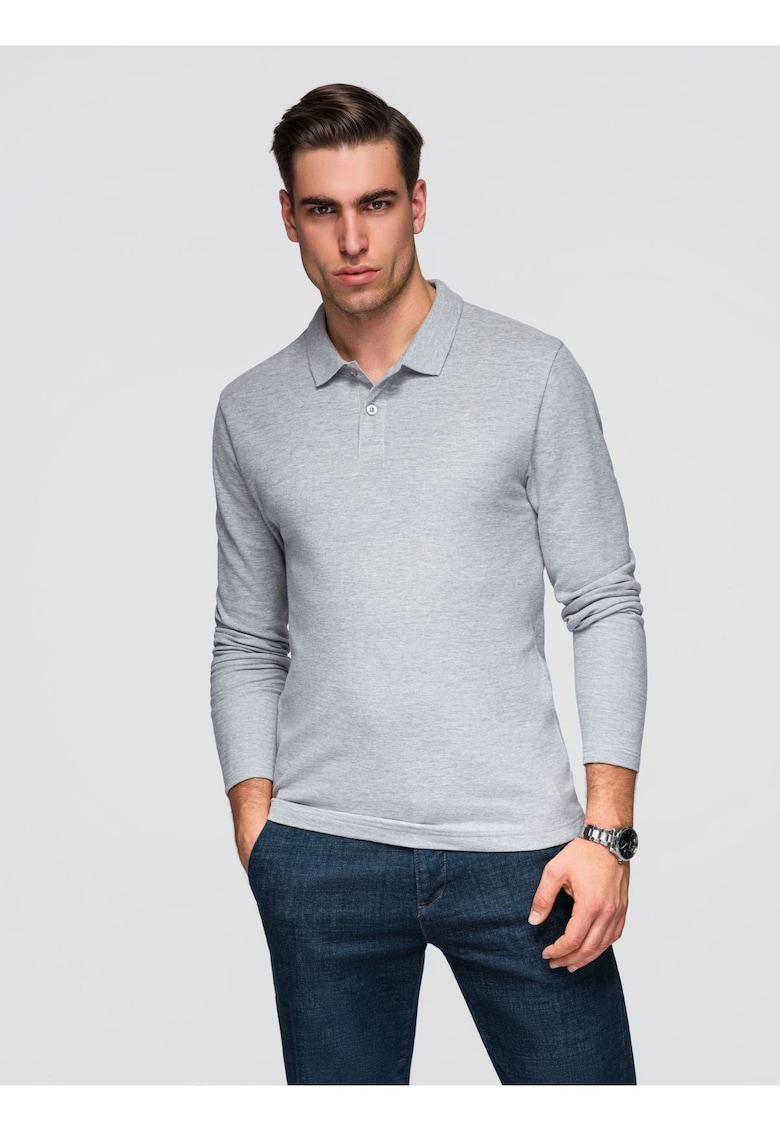 Bluza longsleeve cu guler polo OM-POBL-0162 - Gri melange