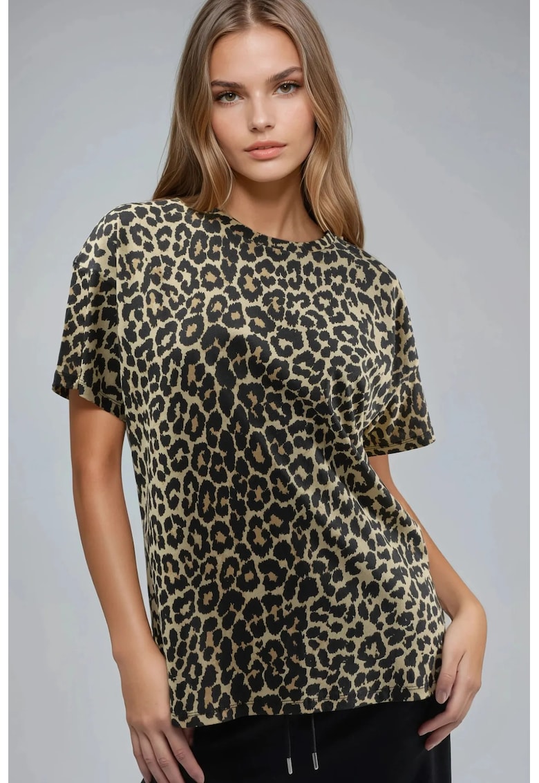 Tricou dama - supradimensionat - imprimeu leopard - maro - jerseu