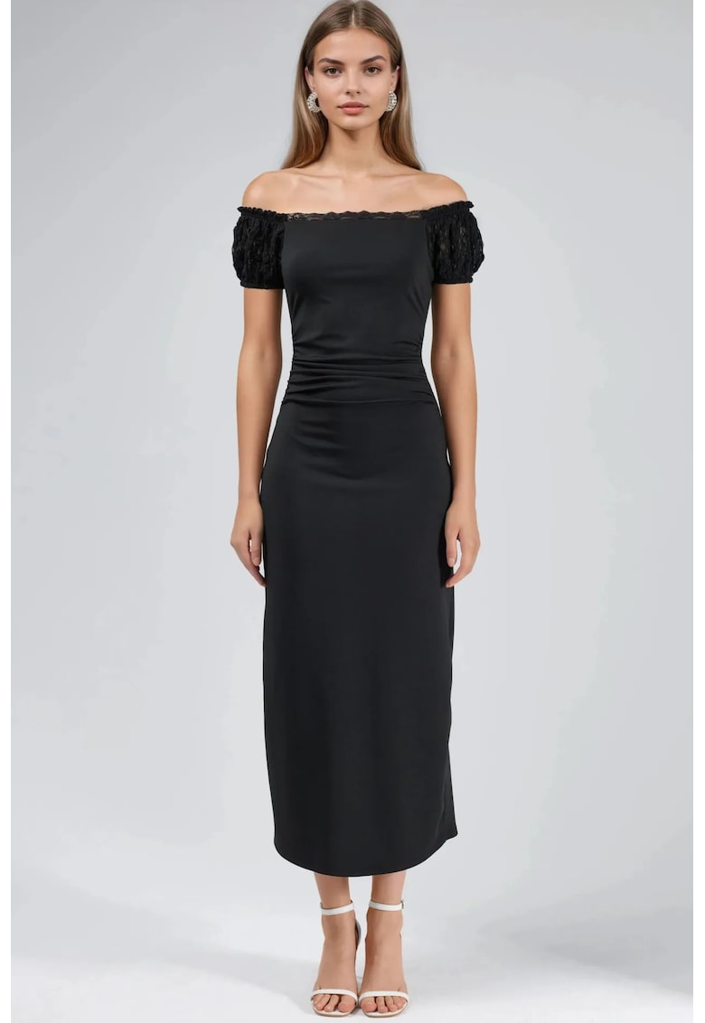 Rochie Midi - detalii din dantela - negru - jerseu