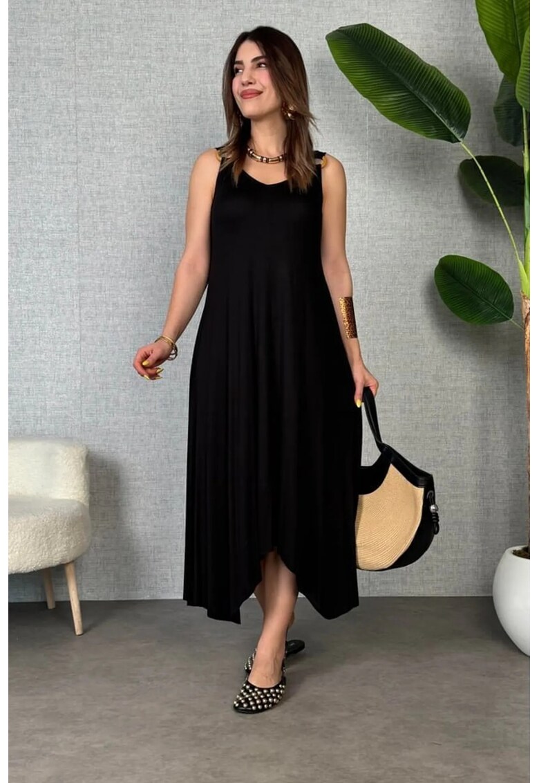 Rochie midi - asimetrica - neagra - textil