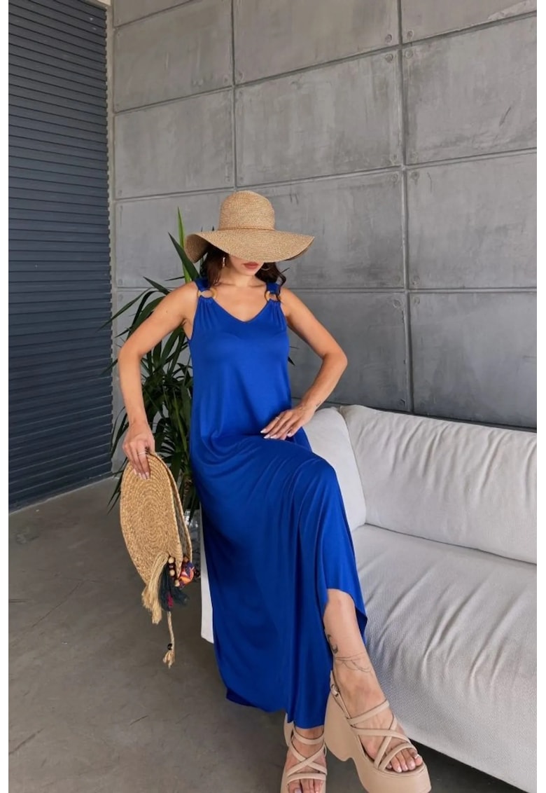 Rochie midi asimetrica - fara maneci - decolteu in V - albastru - bumbac/poliester/elastan