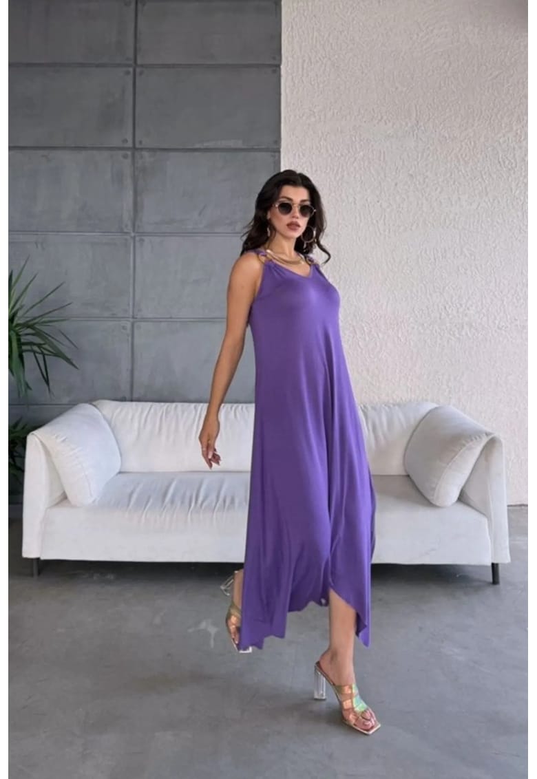 Rochie midi asimetrica - fara maneci - mov - bumbac/poliester/elastan