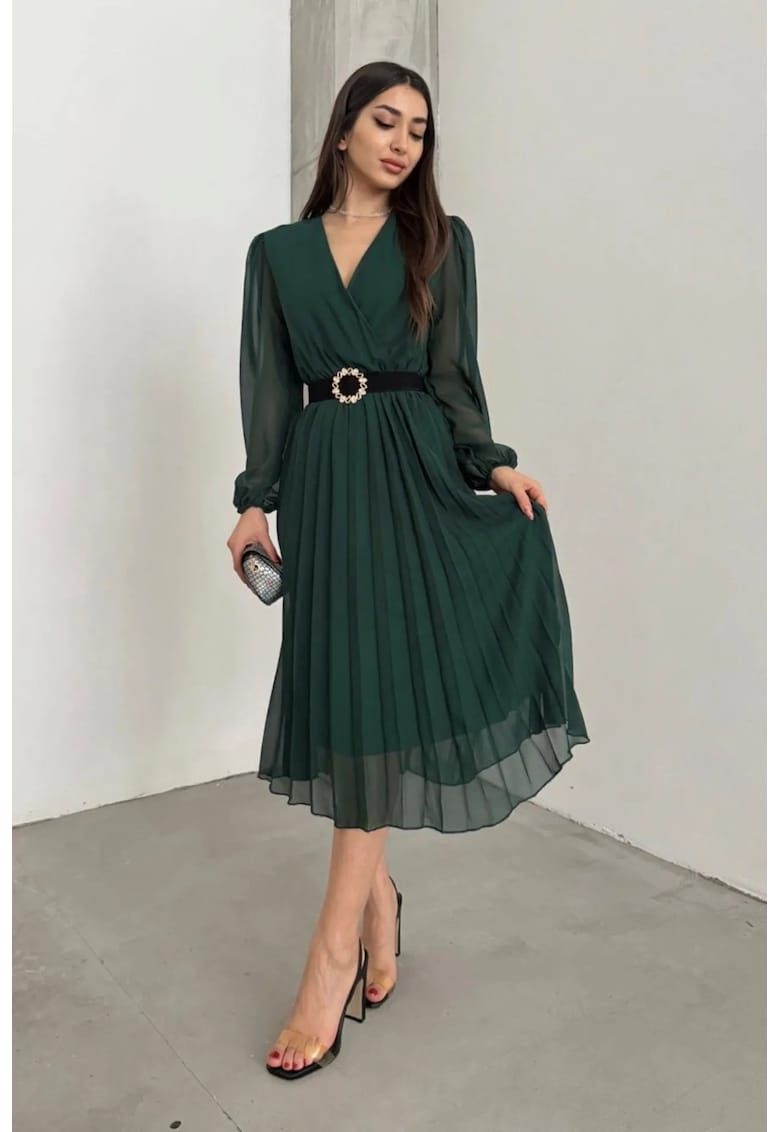 Rochie midi decolteu in V - verde - bumbac/poliester/elastan