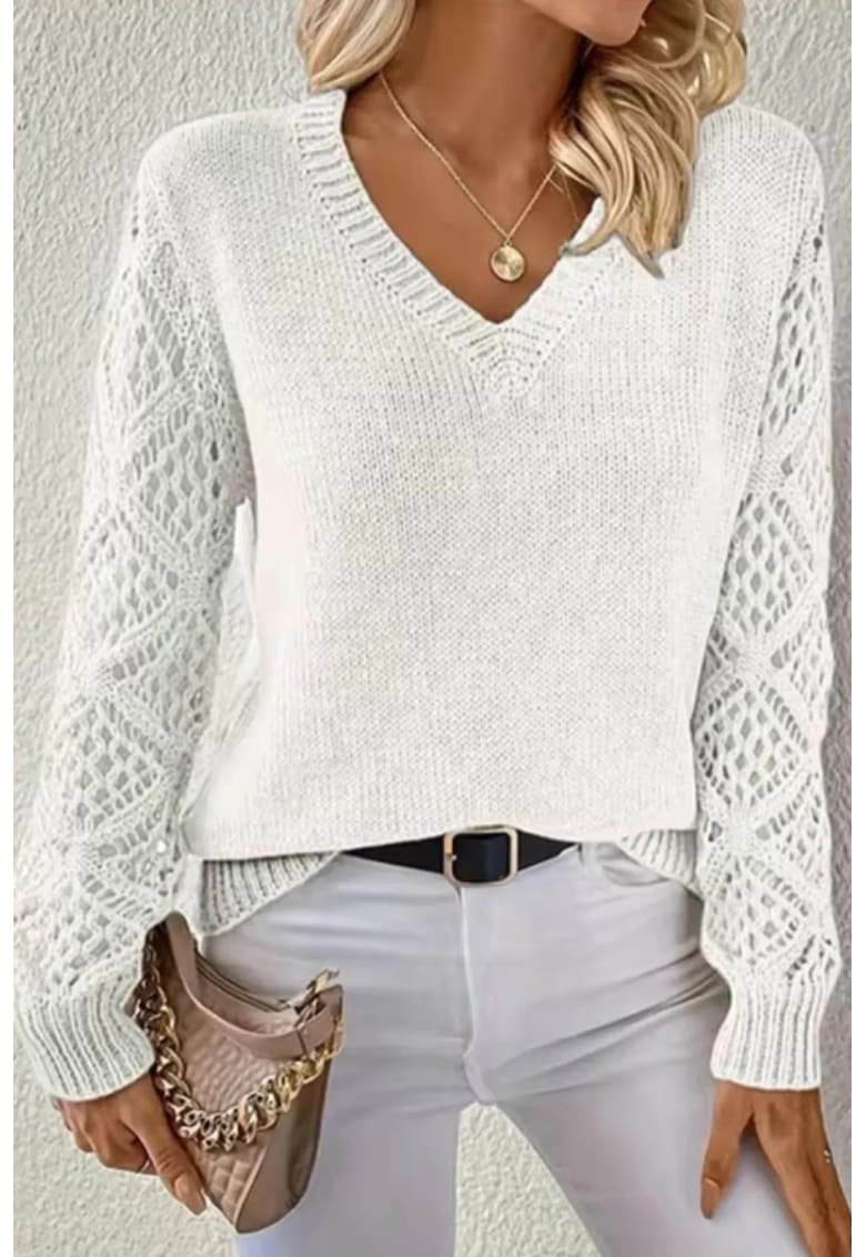 Pulover dama decolteu in V - maneci crosetate - alb - bumbac/poliester/elastan - One Size