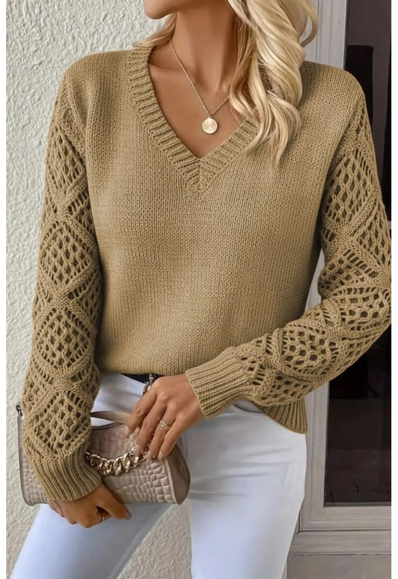 Pulover dama decolteu in V - maneci crosetate - maro - bumbac/poliester/elastan - One Size