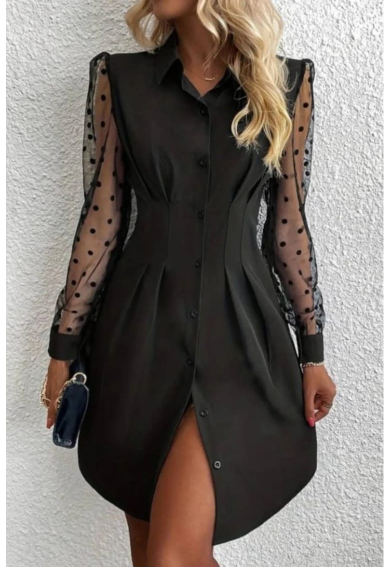 Rochie Midi - cu buline - negru - bumbac/poliester/elastan