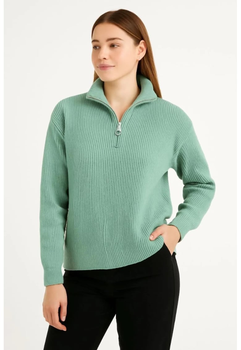 Pulover tricotat supradimensionat - guler cu fermoar - verde - bumbac/poliester/elastan
