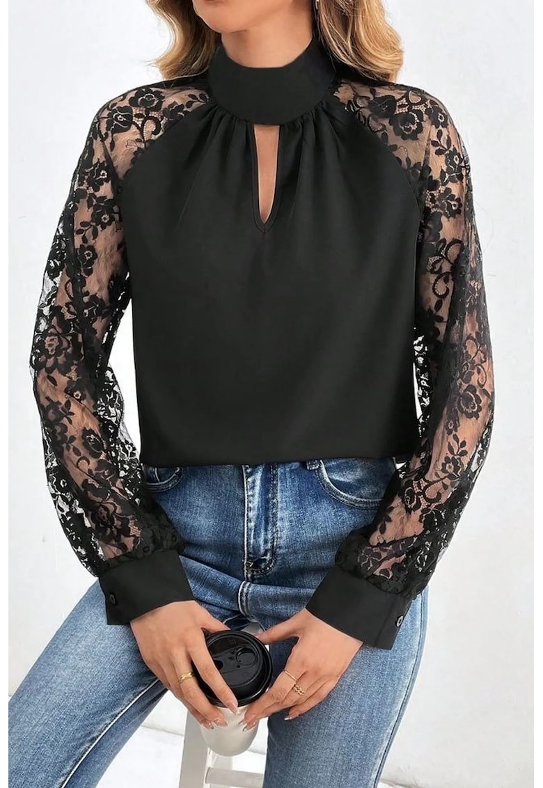 Bluza dama - guler inalt - detaliu elastic - negru - amestec bumbac - poliester - elastan