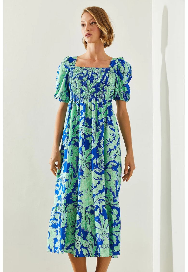 Rochie midi cu volane - guler patrat - textil - verde -