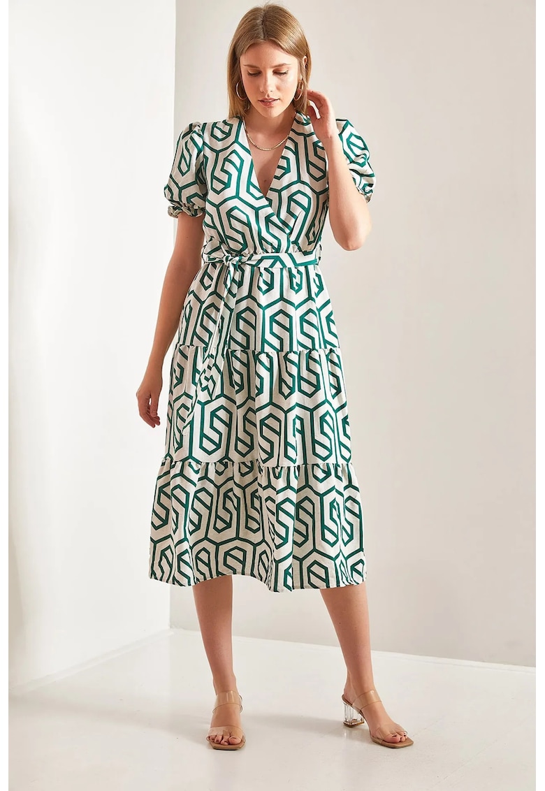 Rochie Midi - cu Decolteu in V - Verde/Alb - Bumbac