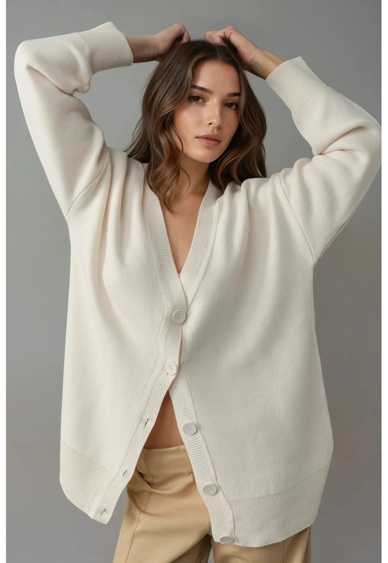 Cardigan dama - supradimensionat - decolteu in V - crem - acril - One Size