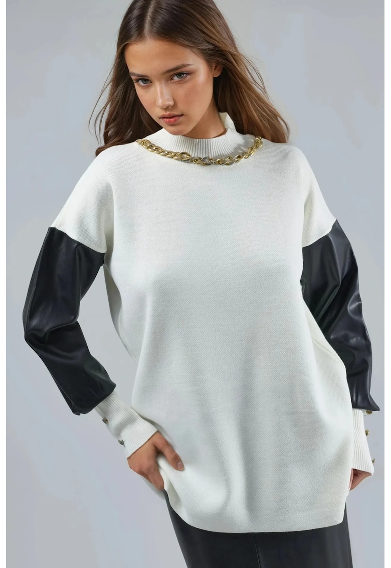 Pulover dama - detalii din piele ecologica - alb - acril - One Size