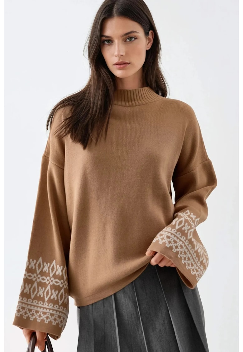 Pulover dama guler rotund - detalii striate - maro - acril - One Size