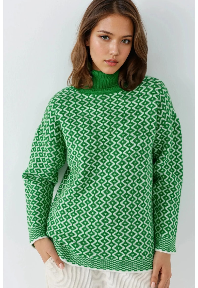Pulover lung - model geometric - verde - acril/poliester - One Size