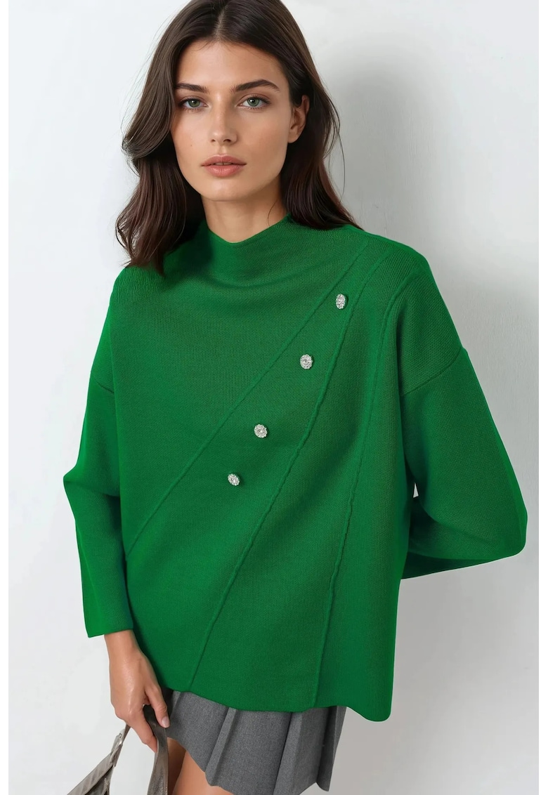 Pulover dama - tricotat - cu nasturi - verde - acril - One Size