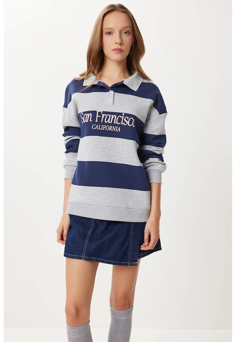 Hanorac dama - Happiness Istanbul - cu guler polo - dungi - multicolor - bumbac/poliester