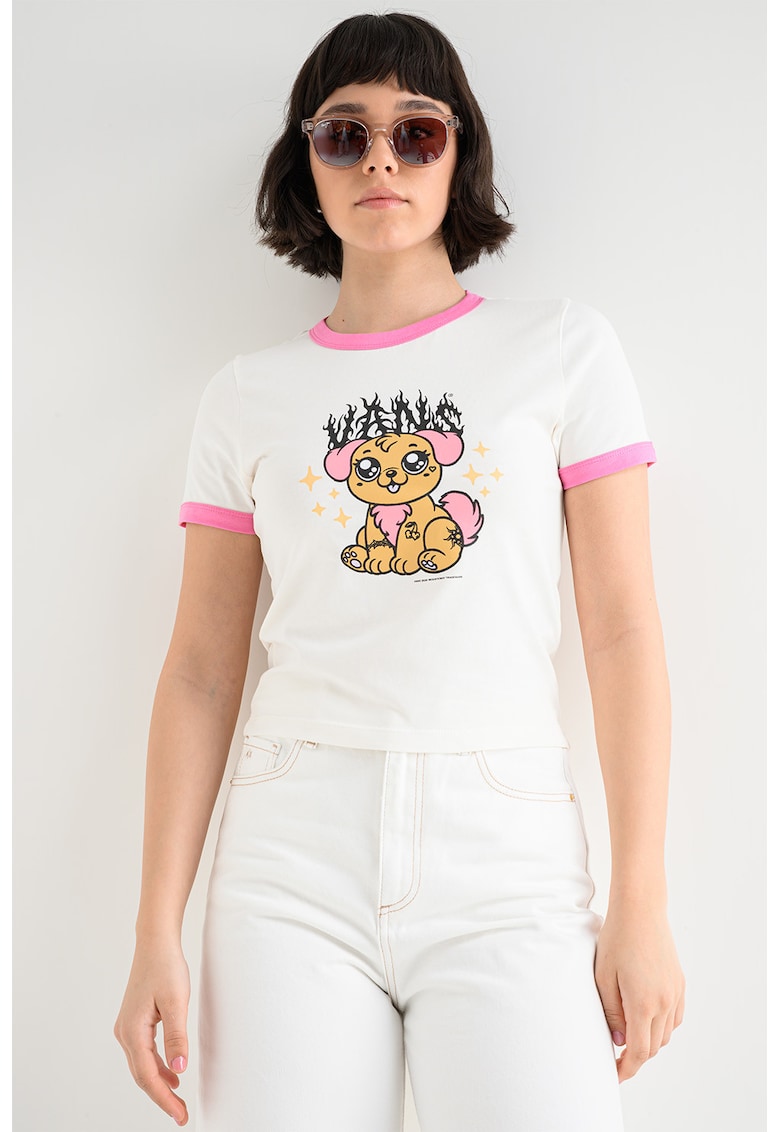 Tricou cu model grafic si garnituri contrastante Puppy Ringer - Roz pastel/Alb murdar