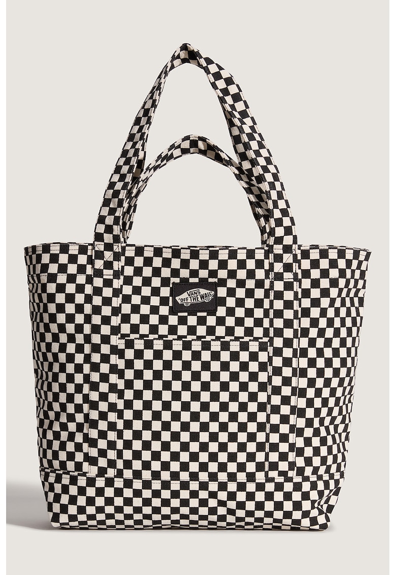 Geanta tote din bumbac cu model in carouri Tell All - Alb fildes - Negru