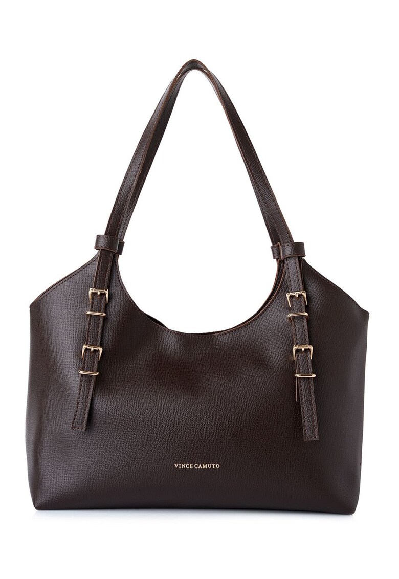 Geanta din piele ecologica cu bareta de umar si logo - Maro inchis