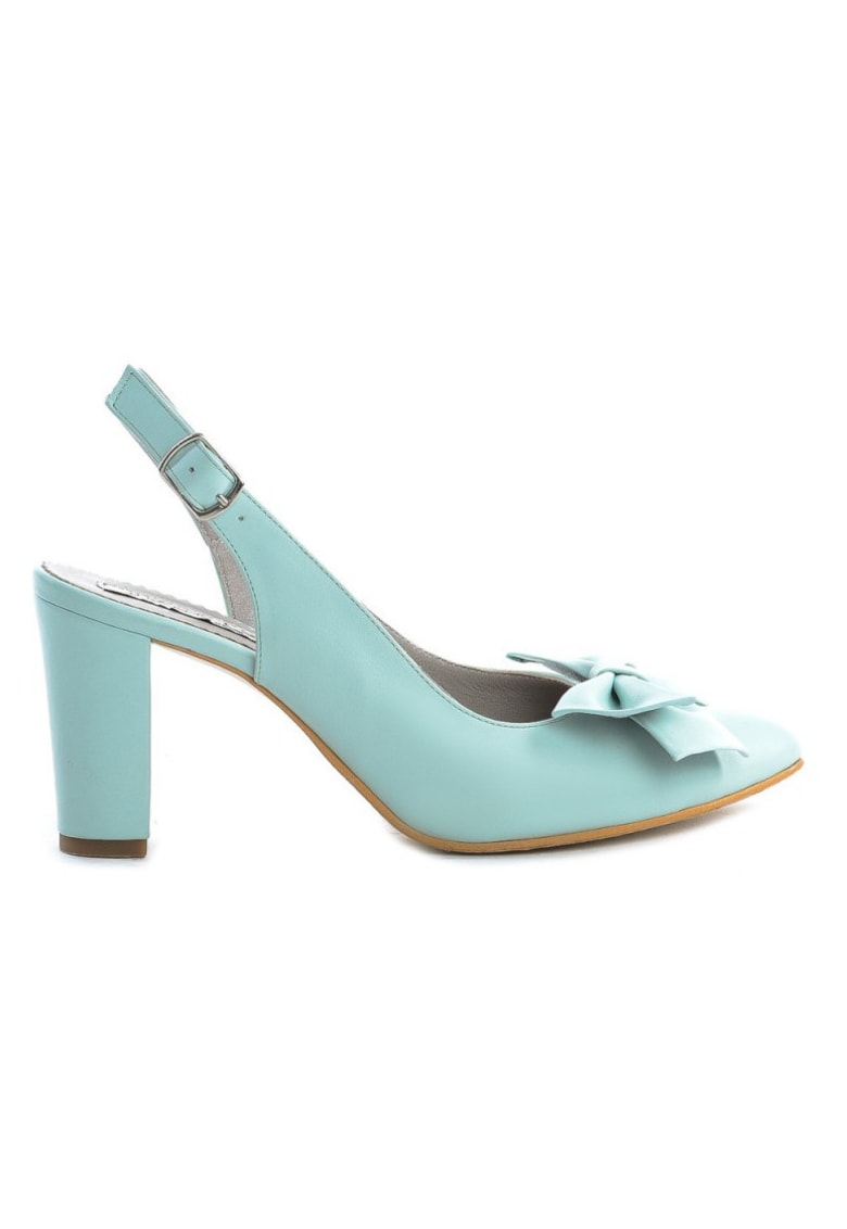 Pantofi piele naturala Menta cu funda Block Heels