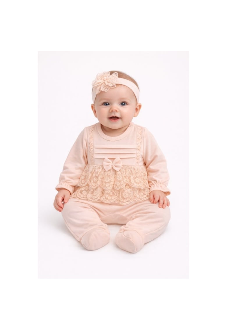 Salopeta fetita roz eleganta bumbac cu dantela si bentita set premium