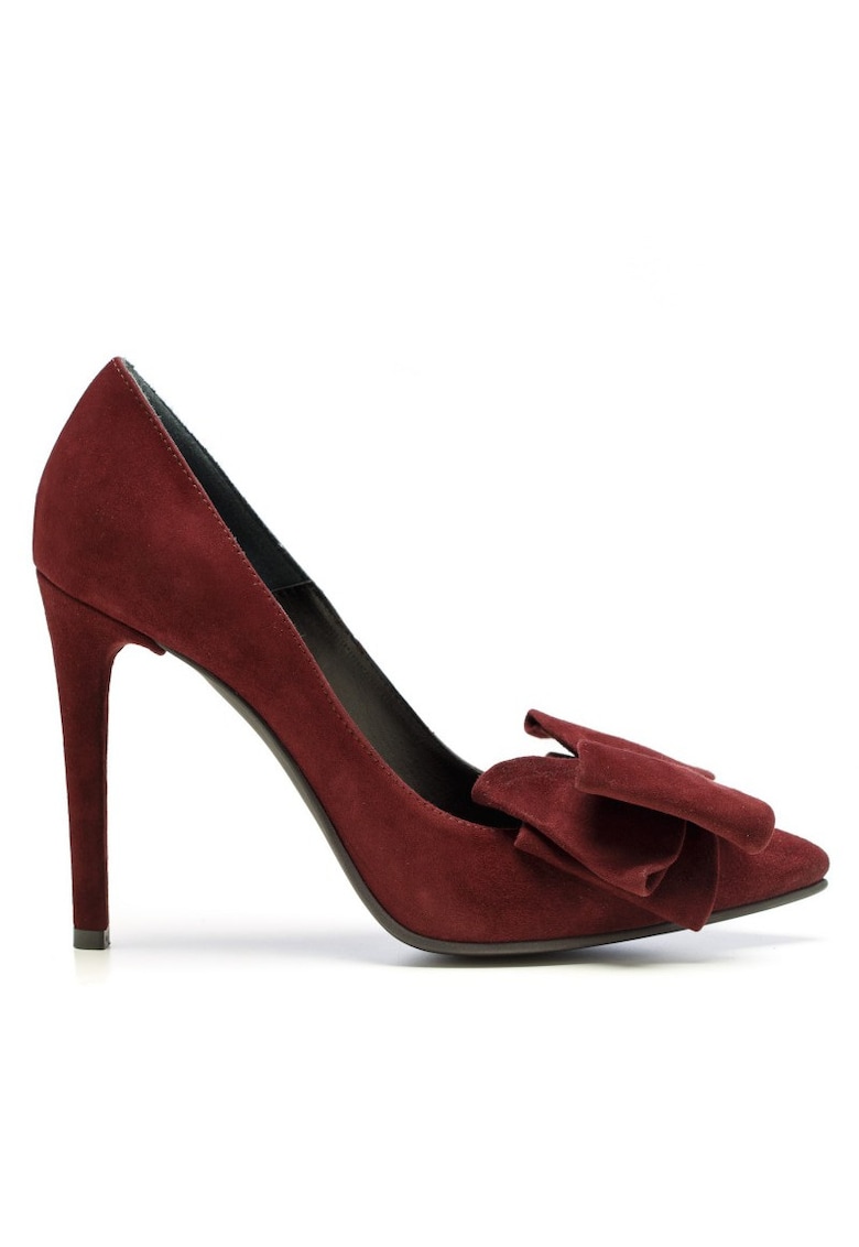 Pantofi stiletto piele naturala Marsala cu funda