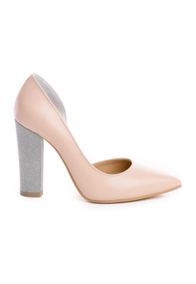 Pantofi cu toc gros piele Nude Glitter Cut
