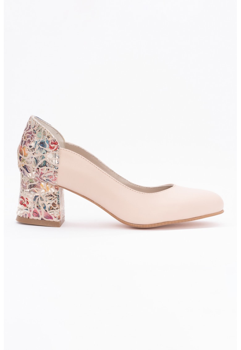 Pantofi de piele cu toc si detaliu floral - Crem