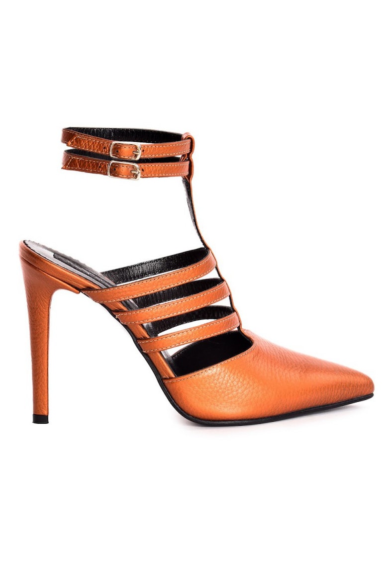 Pantofi stiletto piele naturala Caramiziu Multi Strap