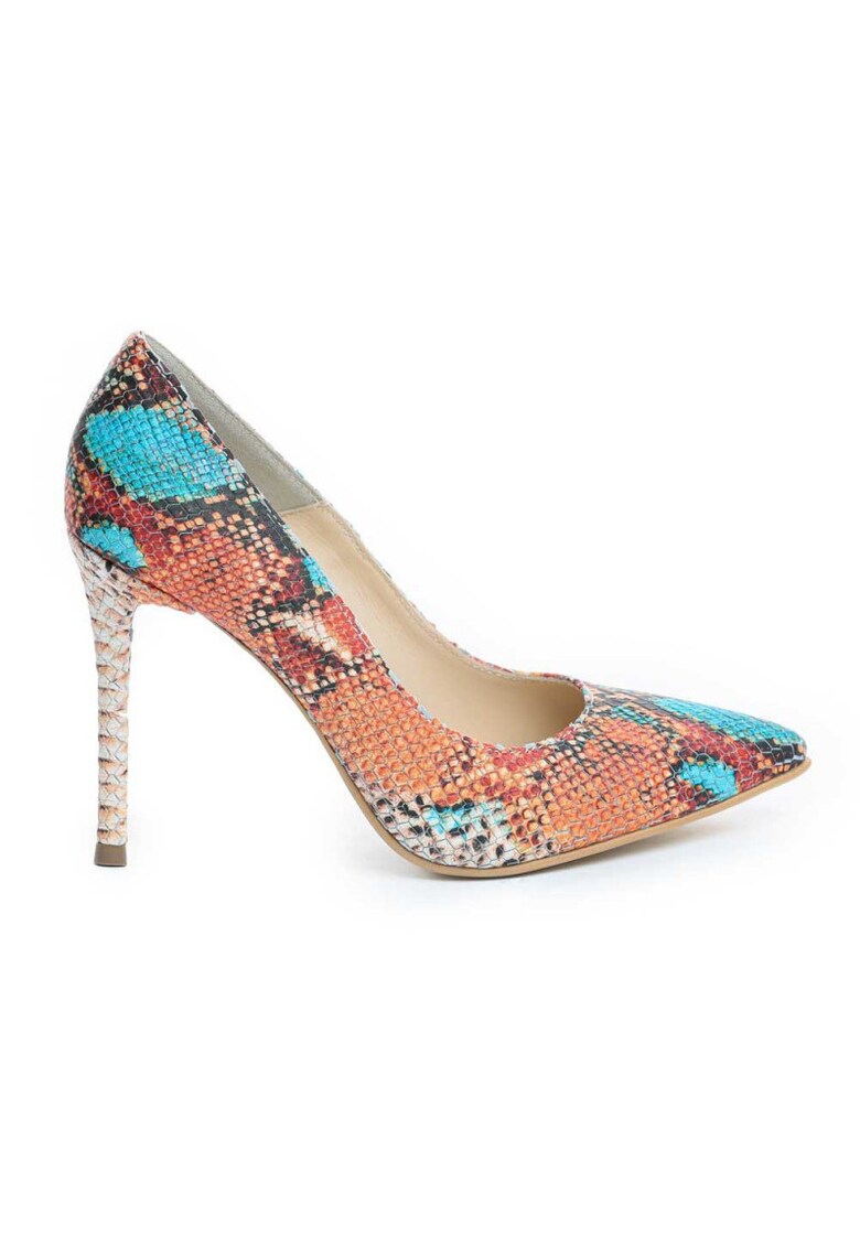 Pantofi stiletto piele naturala Turcoaz Portocaliu