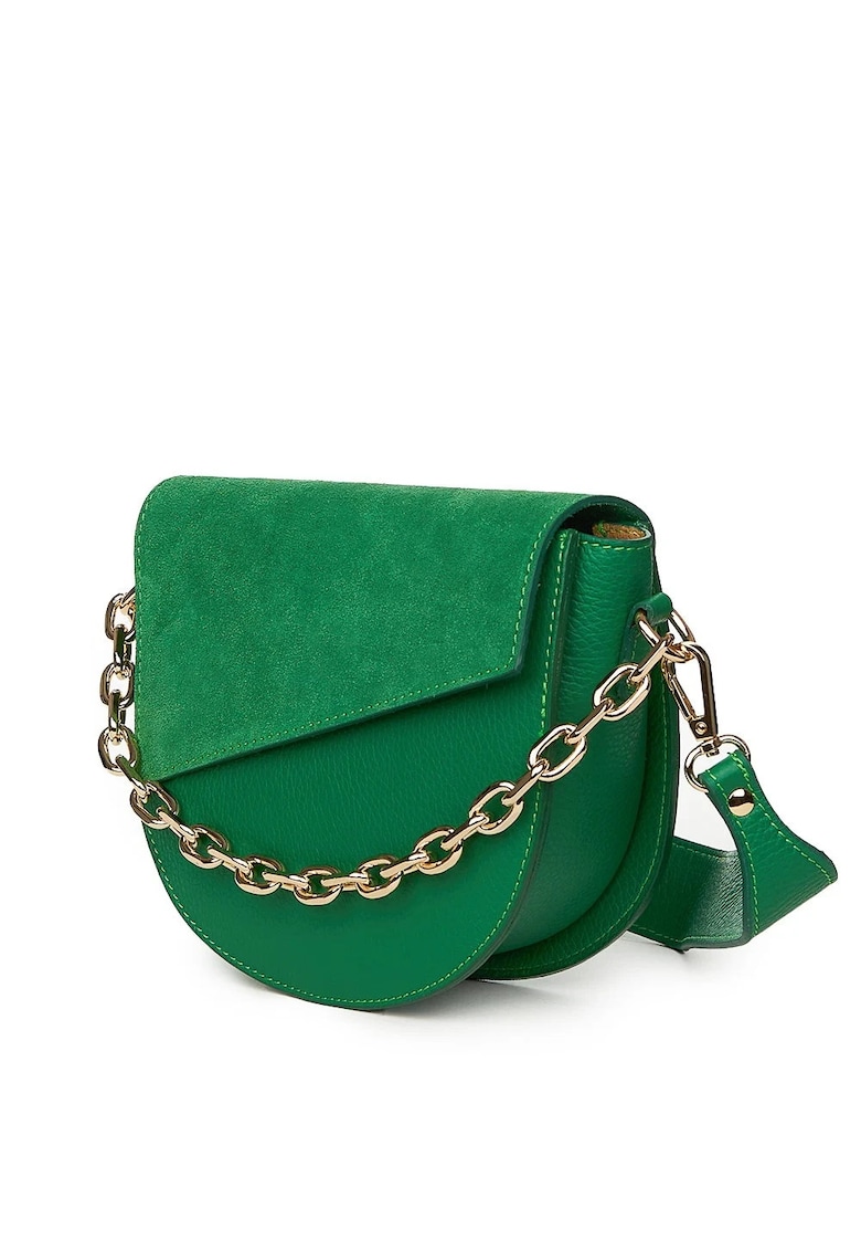 Posetă din piele naturală model Donna - verde - 18x20x8cm - mânere din lanț auriu