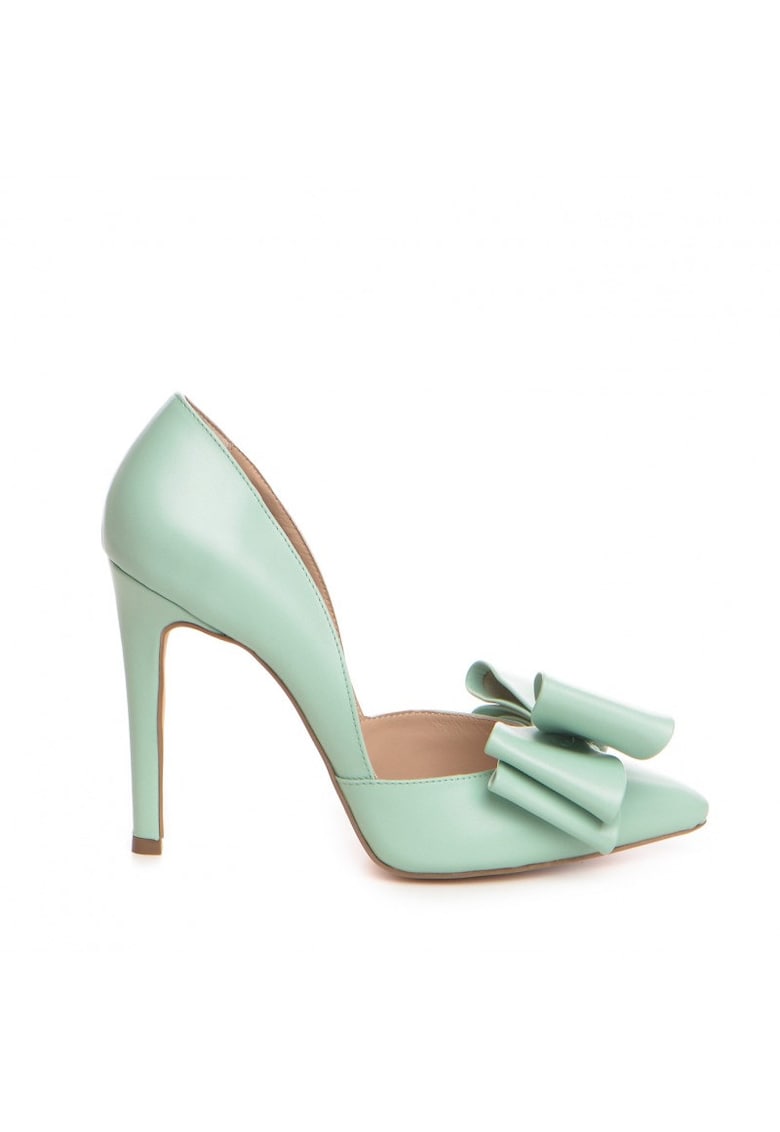 Pantofi stiletto piele naturala Menta cu funda