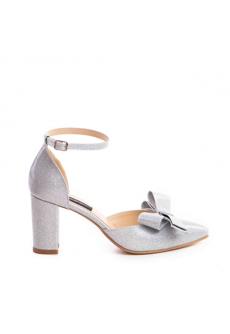 Pantofi Piele Naturala Dama Argintiu Glitter Bow