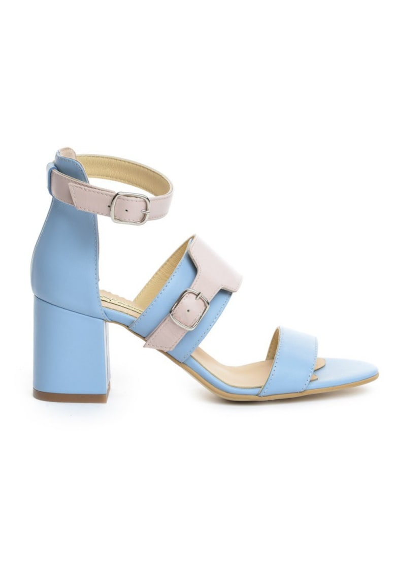 Sandale piele toc gros Strappy Pink Blue Block