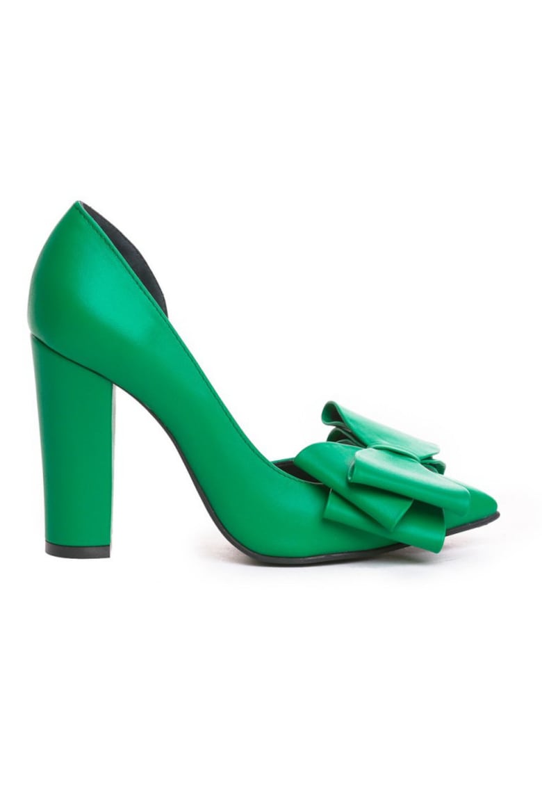 Pantofi cu toc gros piele Verde Cut cu funda