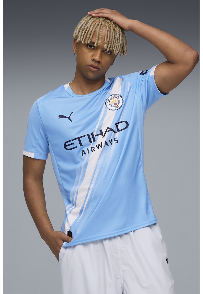 Tricou slim fit pentru fotbal Manchester City - Alb/Albastru royal