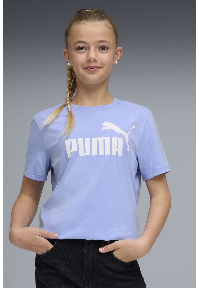 Tricou cu decolteu la baza gatului si imprimeu logo - Alb/Albastru lavanda