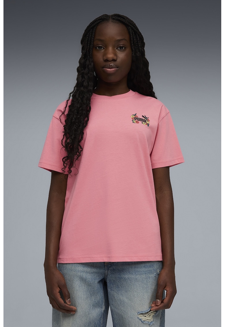 Tricou din bumbac cu imprimeu grafic pe partea din spate - Negru/Galben/Coral/Roz deschis