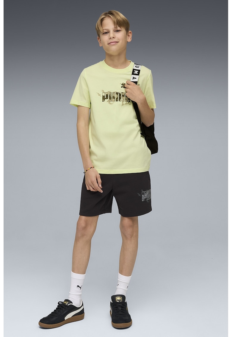 Tricou cu decolteu la baza gatului si imprimeu logo - Galben pal/Kaki inchis