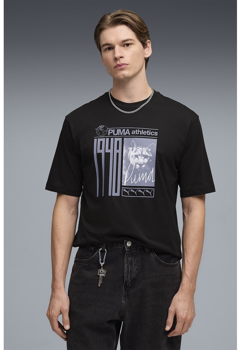 Tricou cu decolteu la baza gatului si imprimeu foto si logo