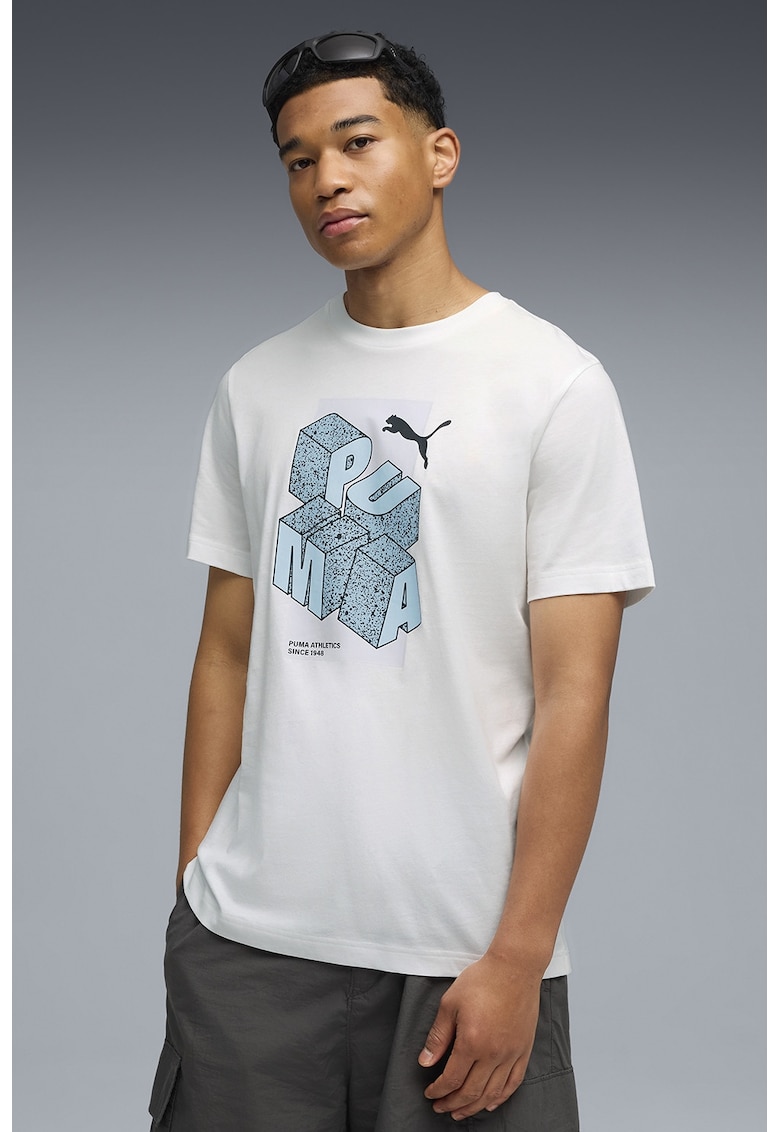 Tricou cu decolteu la baza gatului si imprimeu logo - Alb/Negru/Albastru deschis