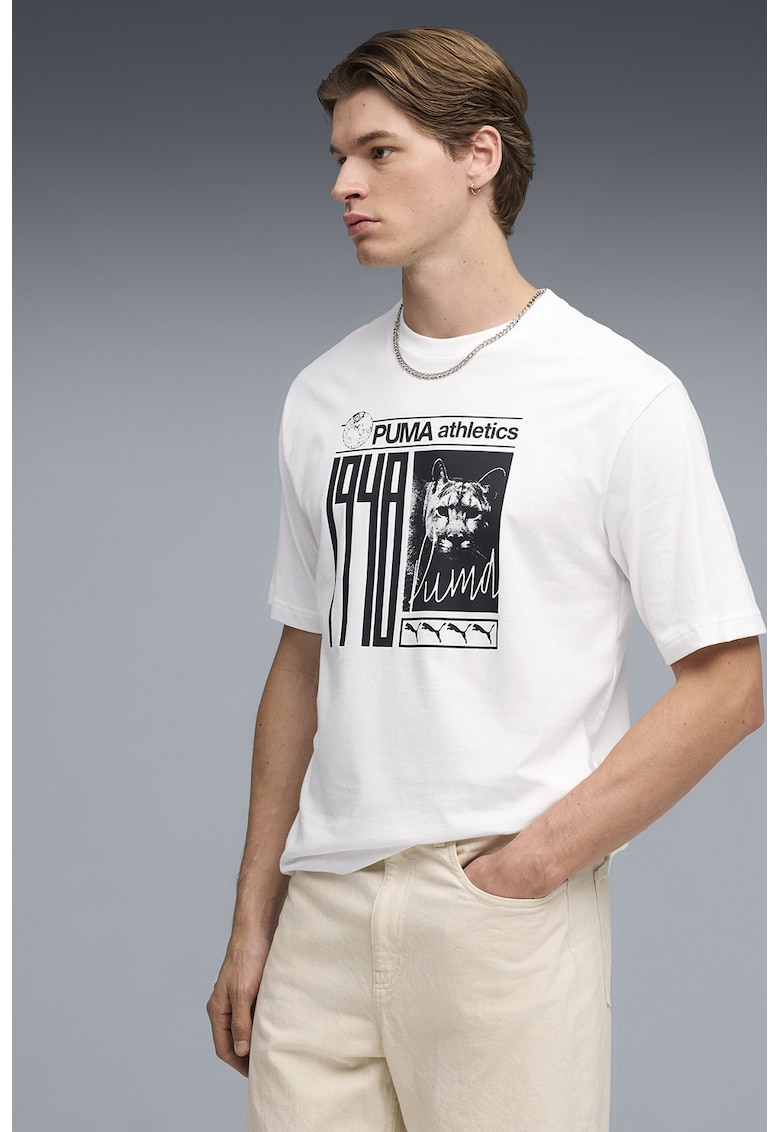 Tricou cu decolteu la baza gatului si imprimeu foto si logo - Alb/Negru