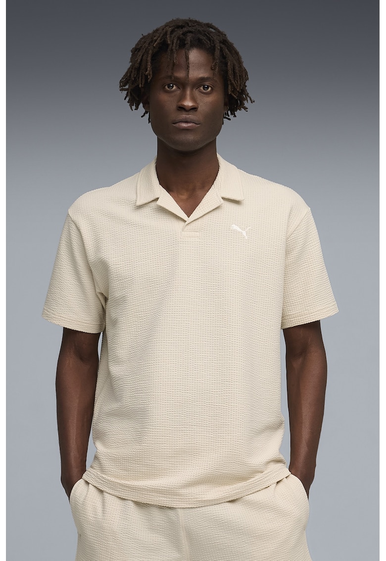 Tricou polo striat cu logo brodat ESS Elevated - Alb murdar