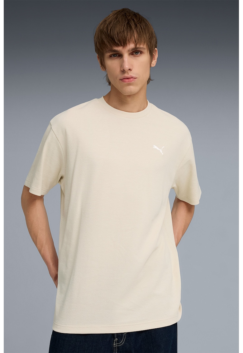 Tricou lejer din amestec de bumbac cu logo - Maro nisip