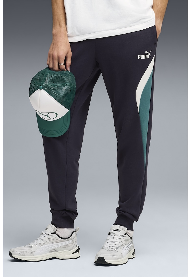 Pantaloni de trening cu logo ESS BLOCK - Alb/Verde persan/Bleumarin