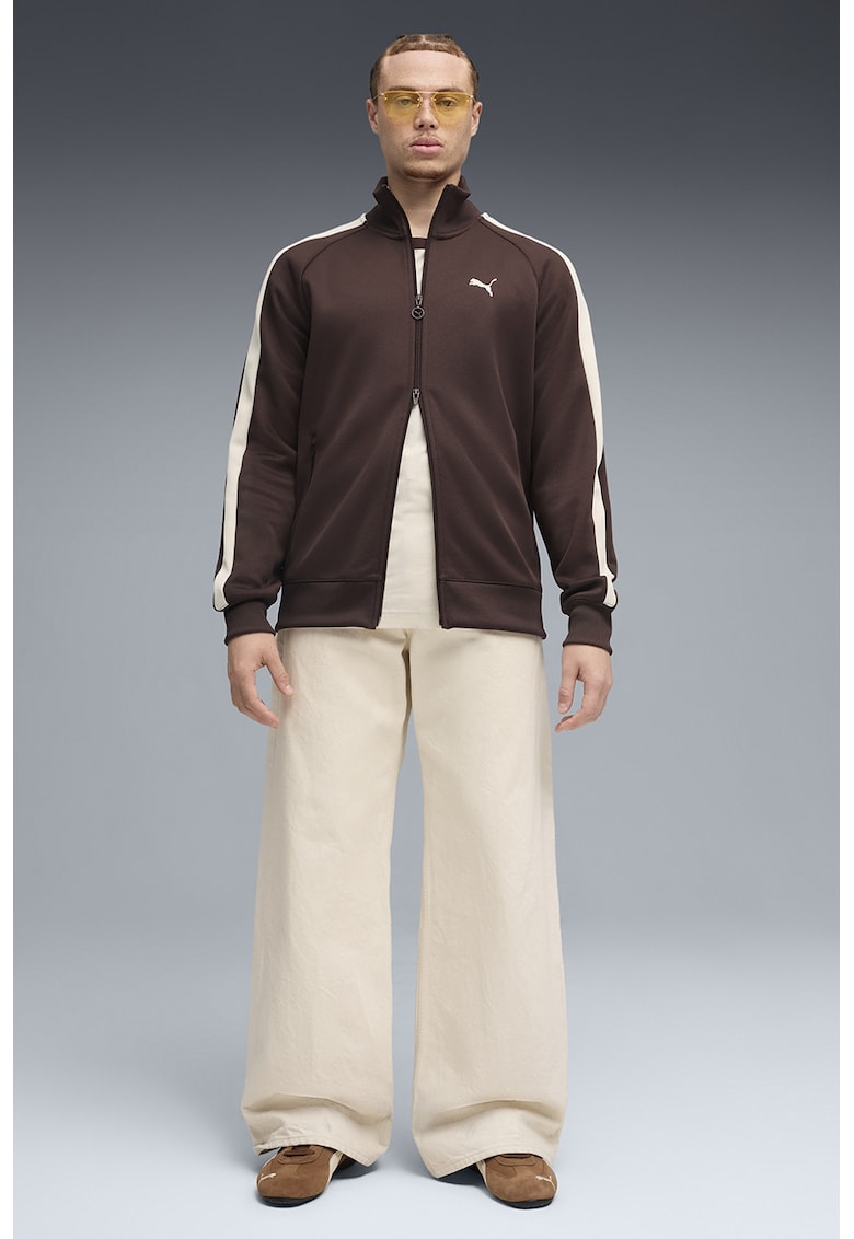 Bluza de trening regular-fit cu fermoar bidirectional T7 Always On - Maro inchis/Alb fildes