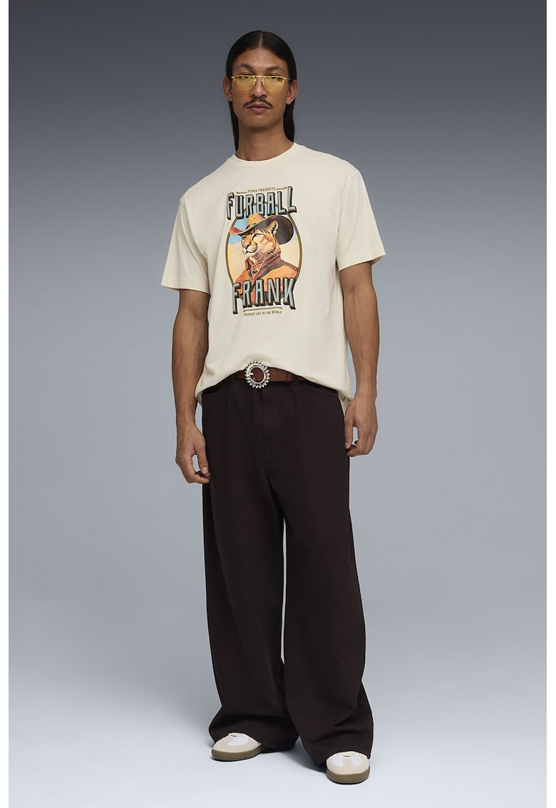 Tricou relaxed fit cu imprimeu text si grafic - Crem