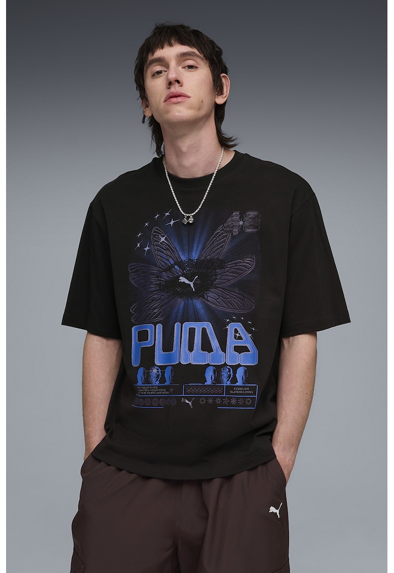 Tricou de bumbac cu imprimeu - Negru/Albastru deschis